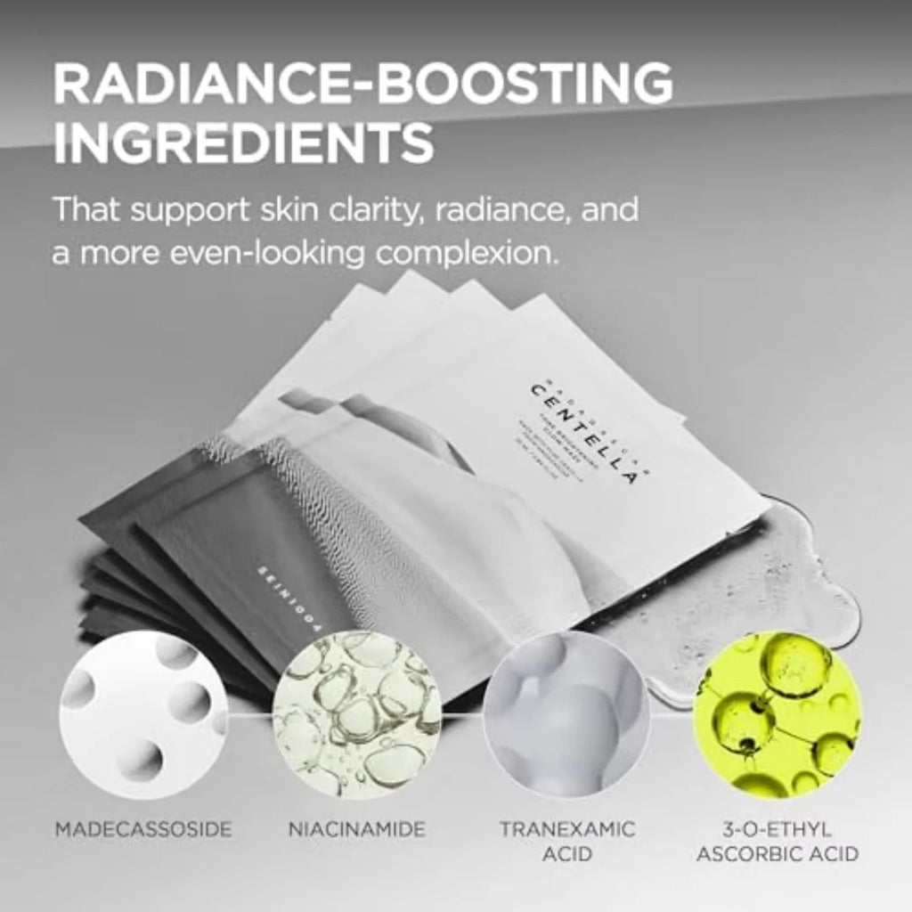 Sheet masks with radiance-boosting ingredients and their names displayed on a gray background.