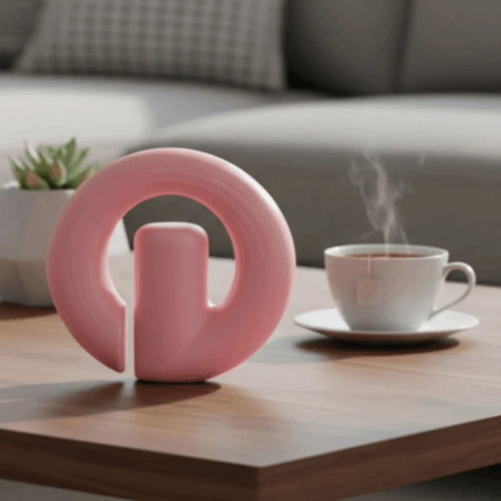 A pink silicone ring-shaped tea infuser or strainer resting on a wooden coffee table next to a steaming cup of tea, with a blurred living room background.