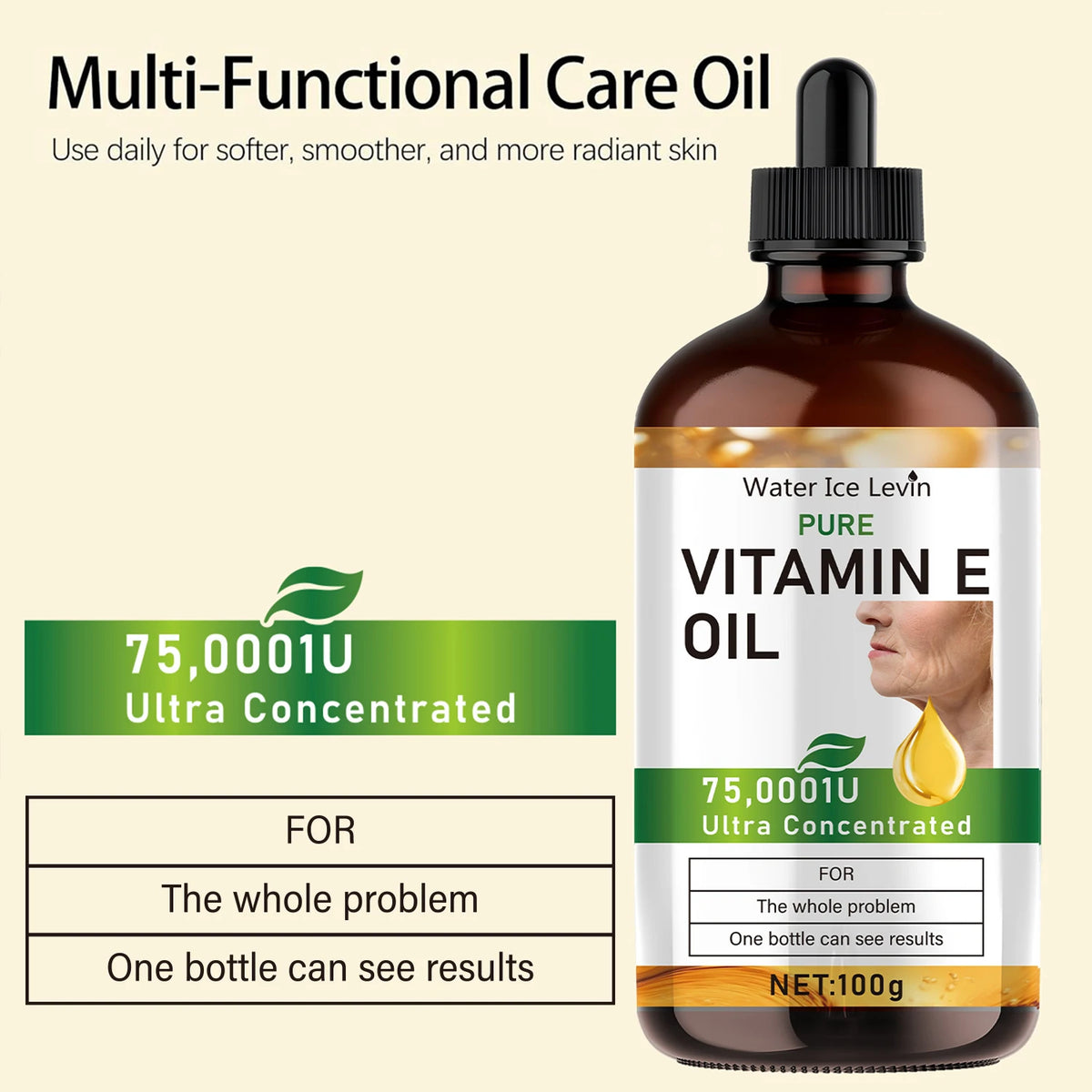 Bottle of Vitamin E oil with text on a beige background