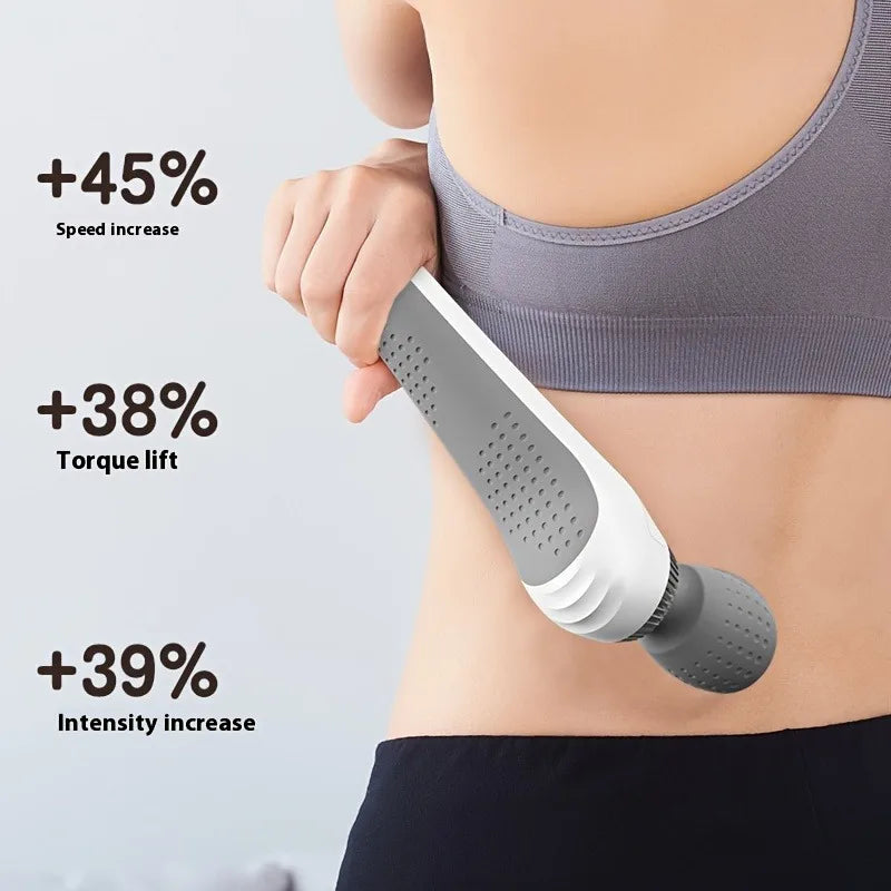 Person using a handheld筋膜枪 with text indicating speed, torque, and intensity increases on a light gray background.