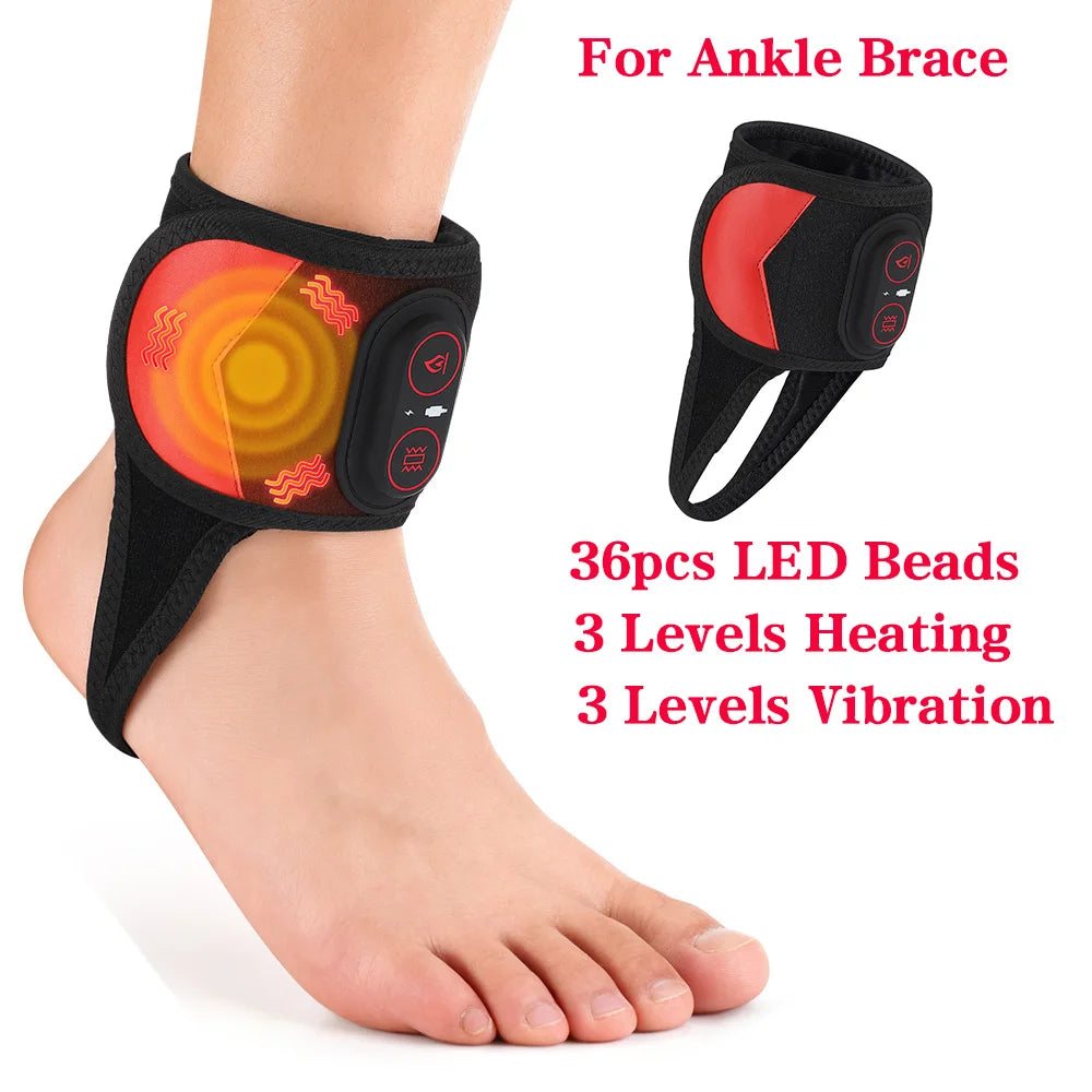 An ankle heating brace shown worn on a person's ankle, with a separate inset view of the brace on a white background. Red text reads 'For Ankle Brace', '36pcs LED Beads', '3 Levels Heating', and '3 Levels Vibration'.
