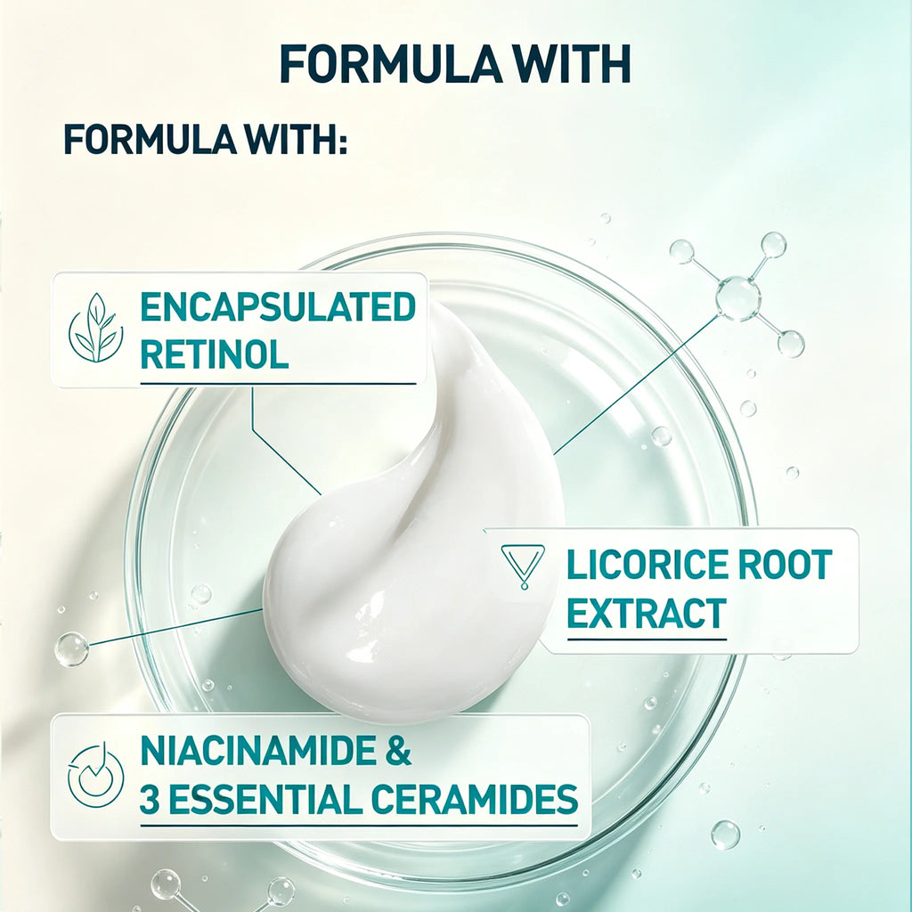 A cosmetic ingredient graphic showing a white cream dollop in a clear glass dish with text callouts reading 'ENCAPSULATED RETINOL,' 'LICORICE ROOT EXTRACT,' and 'NIACINAMIDE & 3 ESSENTIAL CERAMIDES' under the heading 'FORMULA WITH.'.