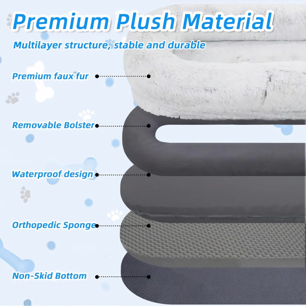 Layered structure of a pet bed with labeled materials on a blue background