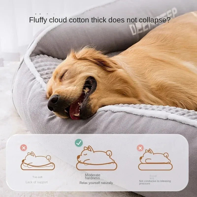 Dog lying on a fluffy gray pet bed with text about the bed's features.