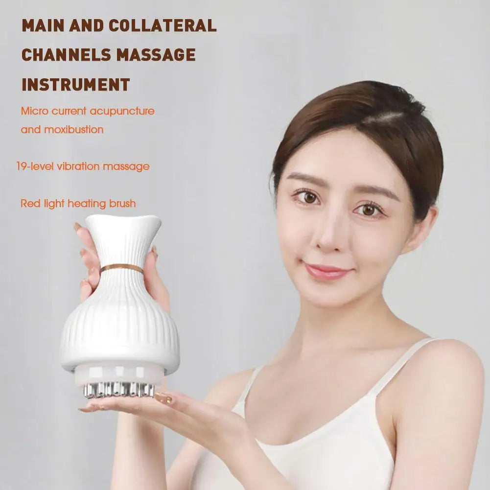 Woman holding a white massage device with text about its features on a gray background