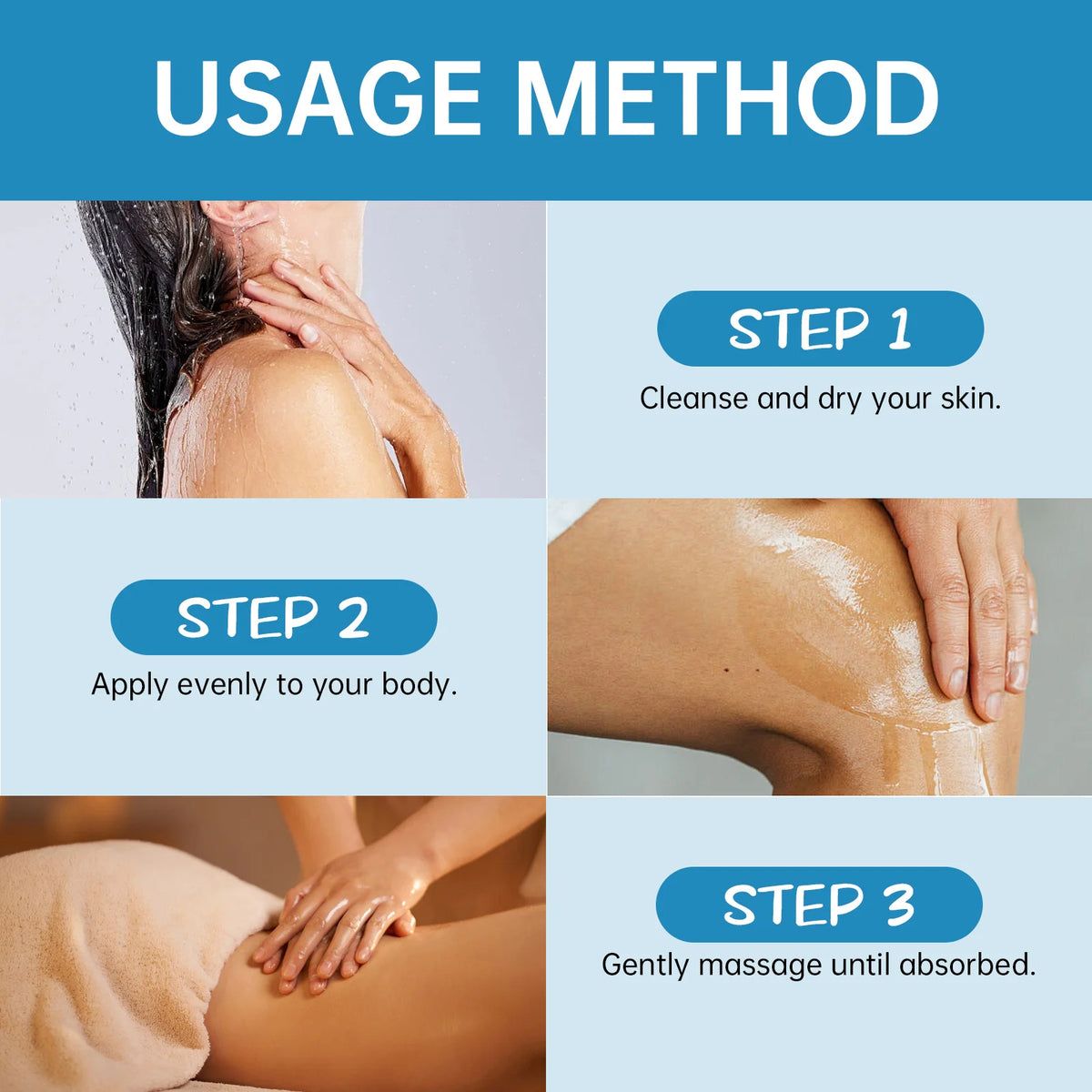 Step-by-step guide on using a skincare product with images and text.
