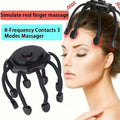 Woman using a 8-Frequency Contacts 3 Modes Massager on her head with text indicating it simulates real finger massage.