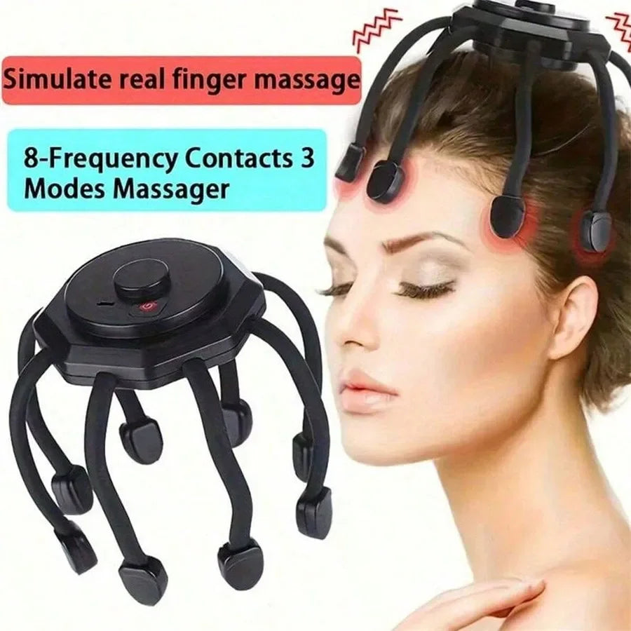 Woman using a 8-Frequency Contacts 3 Modes Massager on her head with text indicating it simulates real finger massage.