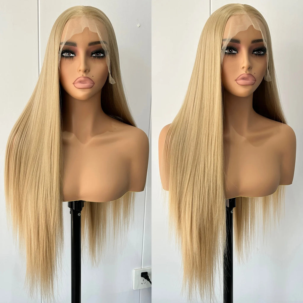 A long straight blonde wig displayed on a mannequin head and stand against a plain light wall. The wig has a full head of straight hair with a subtle center part and is shown in a side-by-side split view.