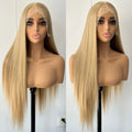 A long straight blonde wig displayed on a mannequin head and stand against a plain light wall. The wig has a full head of straight hair with a subtle center part and is shown in a side-by-side split view.
