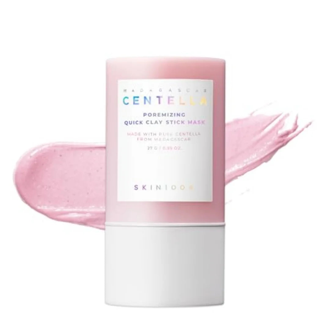 Pink clay stick mask with a white label on a white background