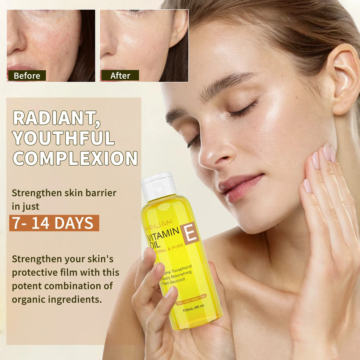 Woman holding a bottle of vitamin E oil with 'Before' and 'After' skin comparisons on a beige background.