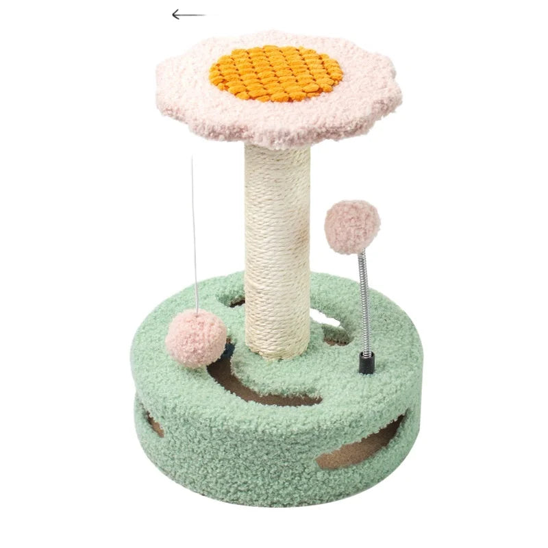 Cat play tree with green base, pink top, and yellow center on a white background