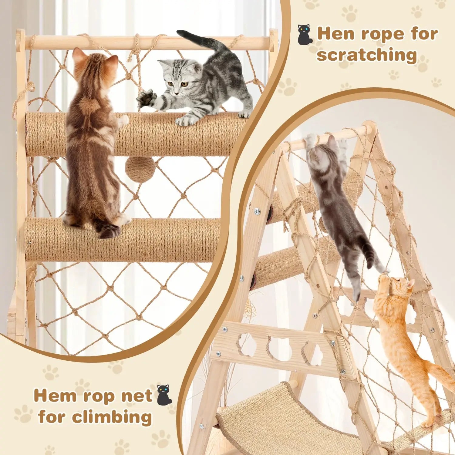 Cat climbing frame with net and sisal rope, featuring cats on the structure.