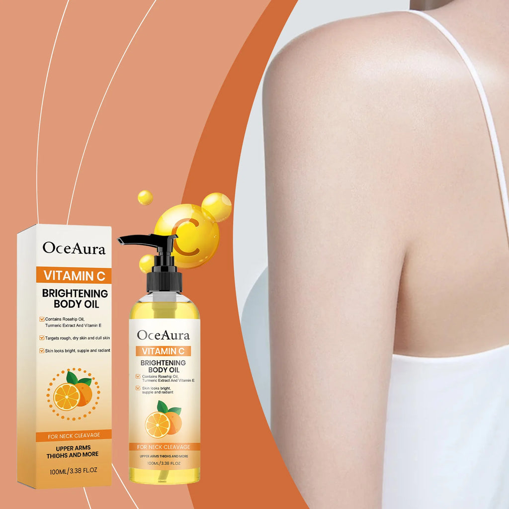 OceAura Vitamin C Brightening Body Oil with packaging and a person using the oil.