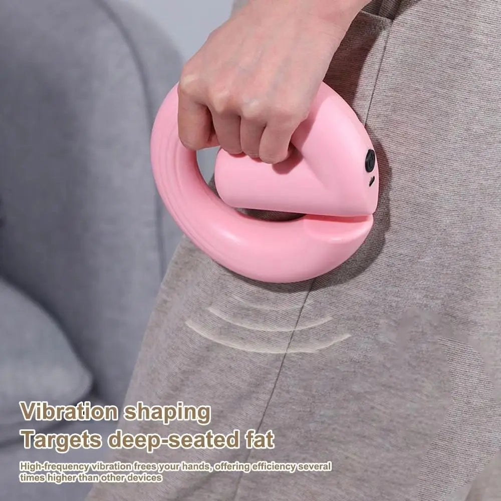 A close-up of a hand holding a pink handheld abdominal vibration massager against a person's hip, with overlaid text describing vibration shaping for deep-seated fat.