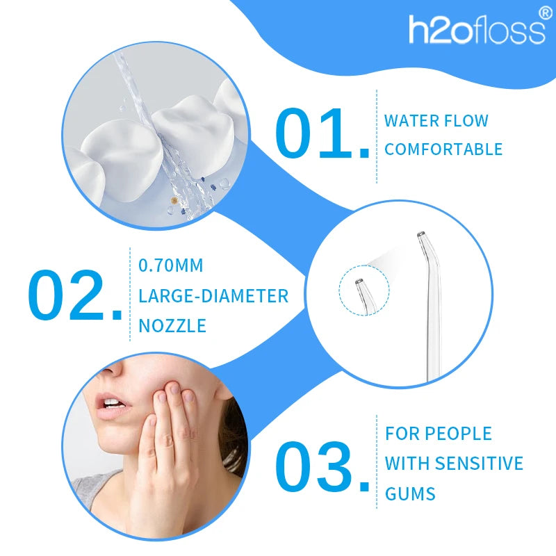 Promotional infographic for a water flosser with three circular feature callouts: comfortable water flow, a 0.70mm large-diameter nozzle, and suitability for people with sensitive gums.