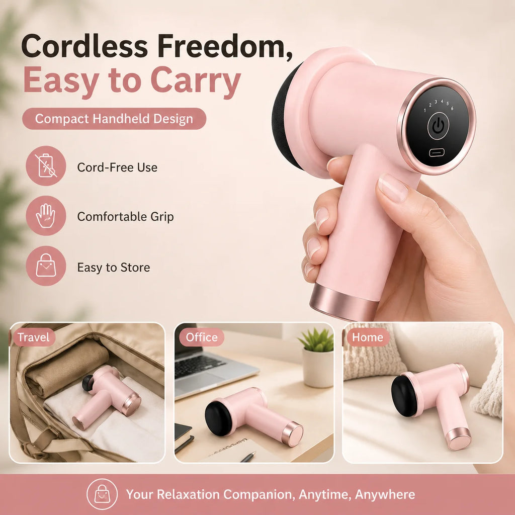 A pink cordless handheld massage gun being held in a hand, with marketing text and three small lifestyle inset scenes showing it in travel, office, and home settings.