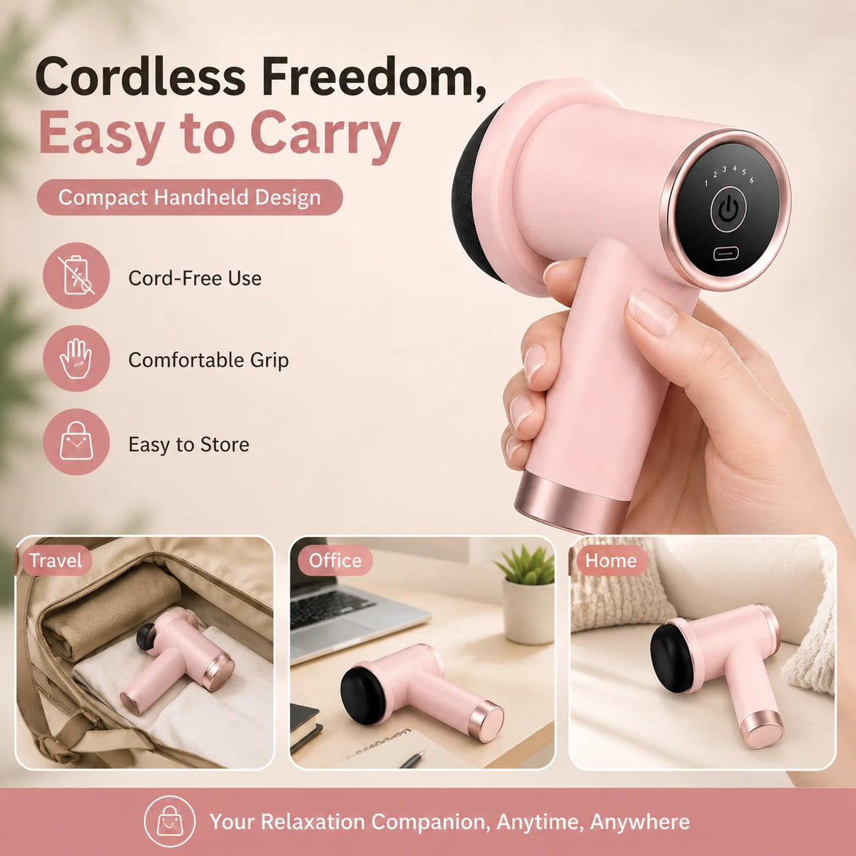 A pink cordless handheld massage gun being held in a hand, with marketing text and three small lifestyle inset scenes showing it in travel, office, and home settings.