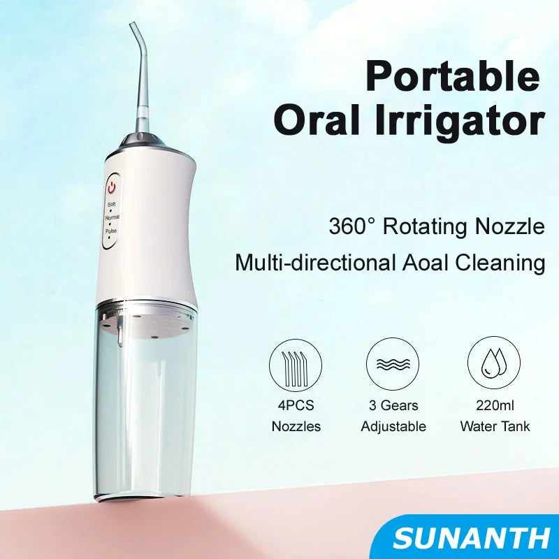Portable oral irrigator with features listed on a light blue background