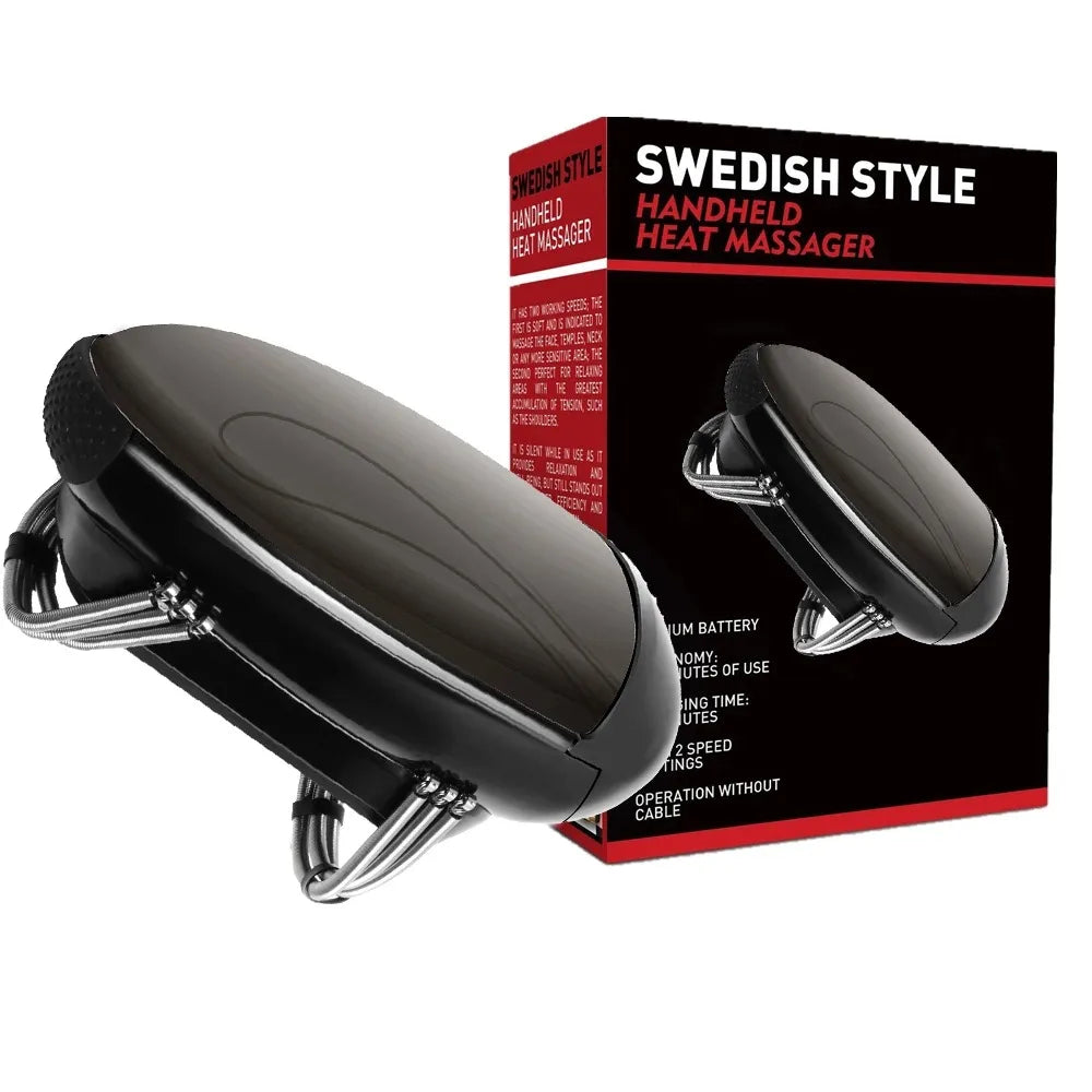 Black handheld heat massager with packaging displaying 'Swedish Style' branding.