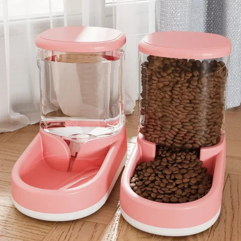 Pink pet feeder and water dispenser with food on a wooden floor.