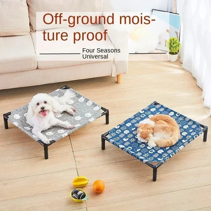 Two pet beds with a dog and cat on them in a living room setting.