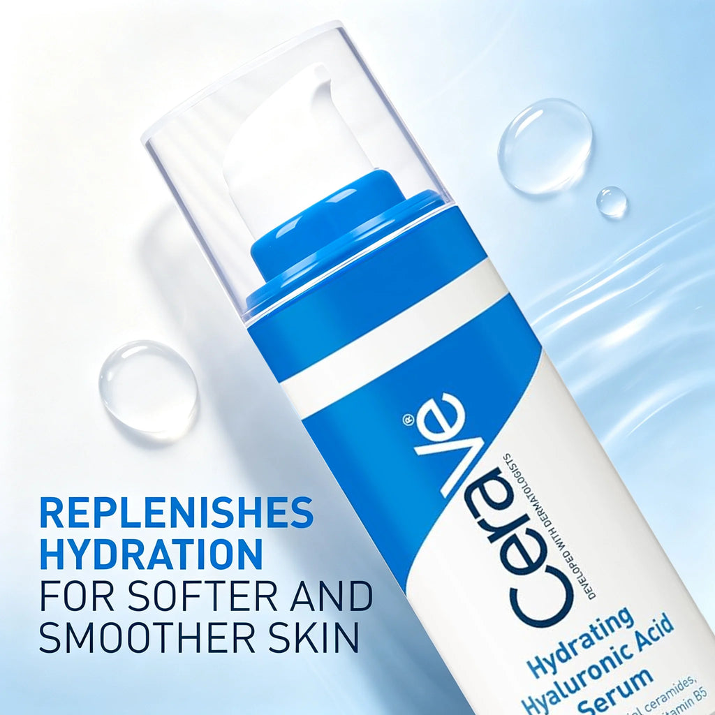 CeraVe Hydrating Hyaluronic Acid Serum in a white and blue pump bottle, shown at an angle with water droplets and a light blue background. Text on the left reads 'REPLENISHES HYDRATION FOR SOFTER AND SMOOTHER SKIN'.