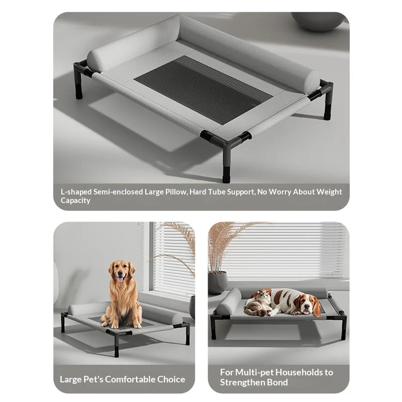 Pet bed with adjustable headrest shown in various settings, including a dog sitting on it.