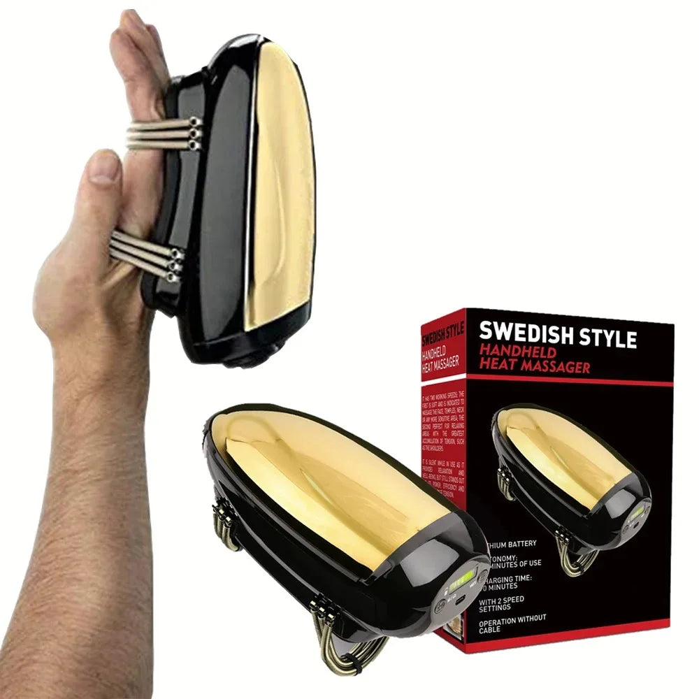Handheld heat massager with black and gold design, shown in use and with packaging.