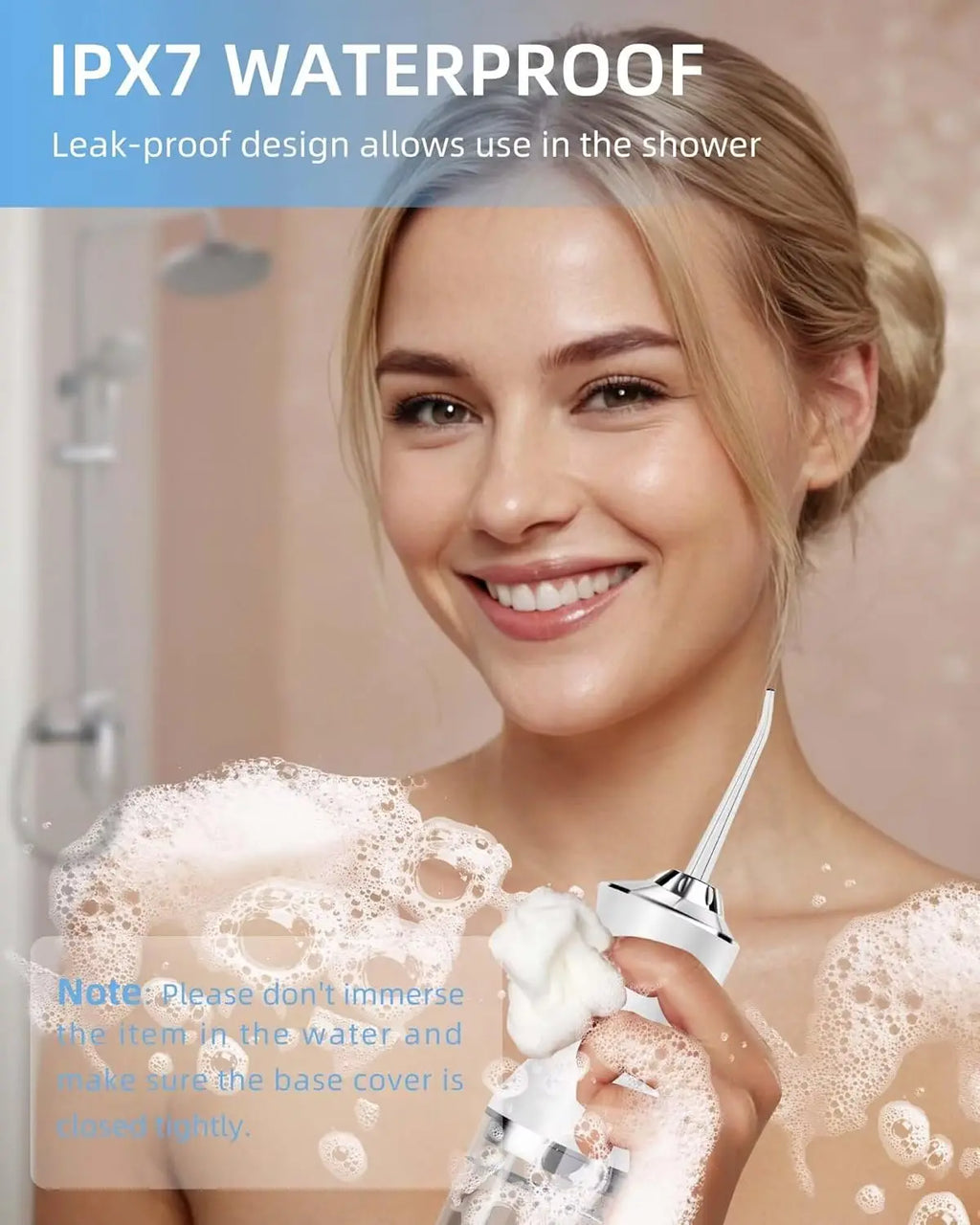 Woman using a shower head with IPX7 waterproof text overlay