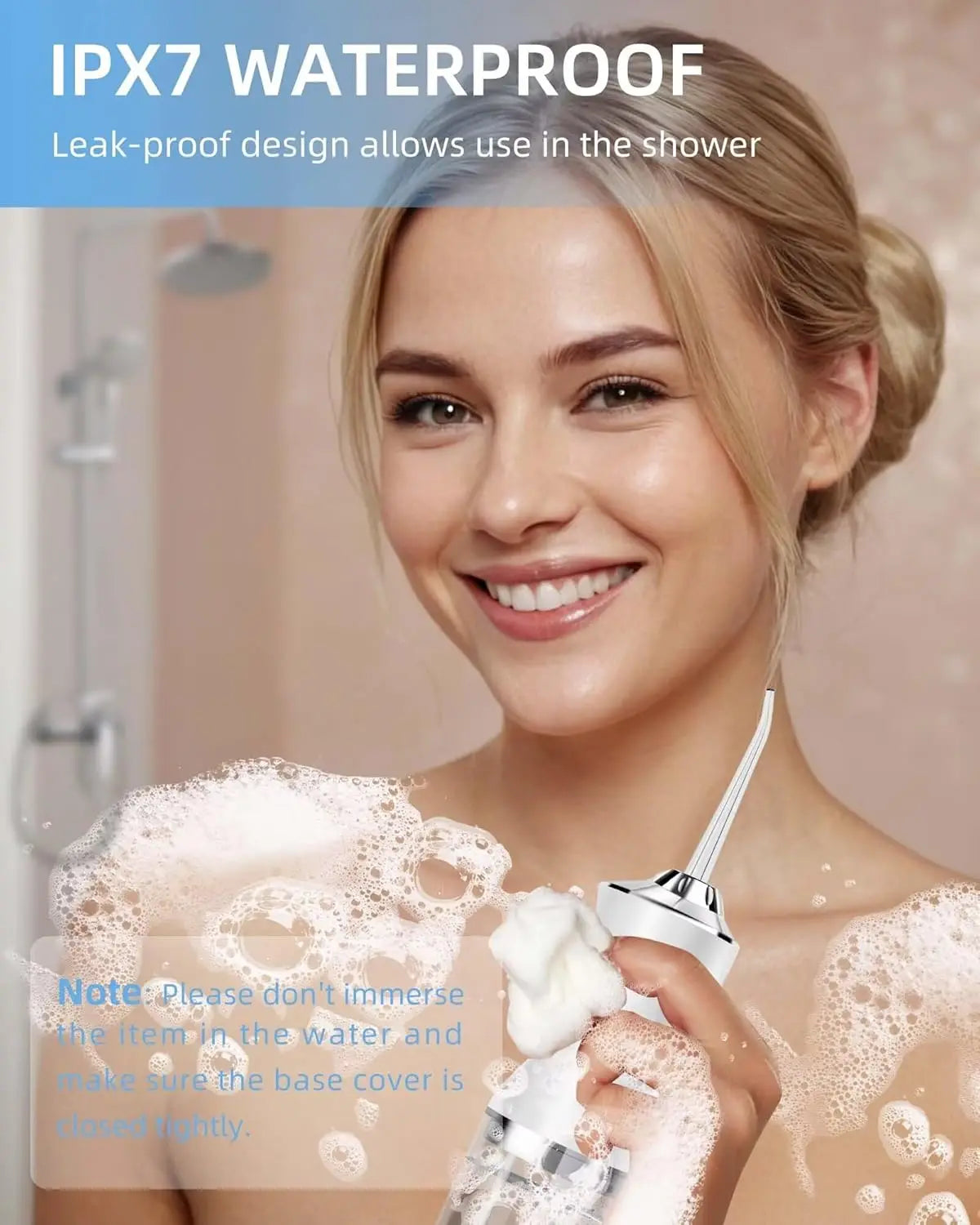 Woman using a shower head with IPX7 waterproof text overlay