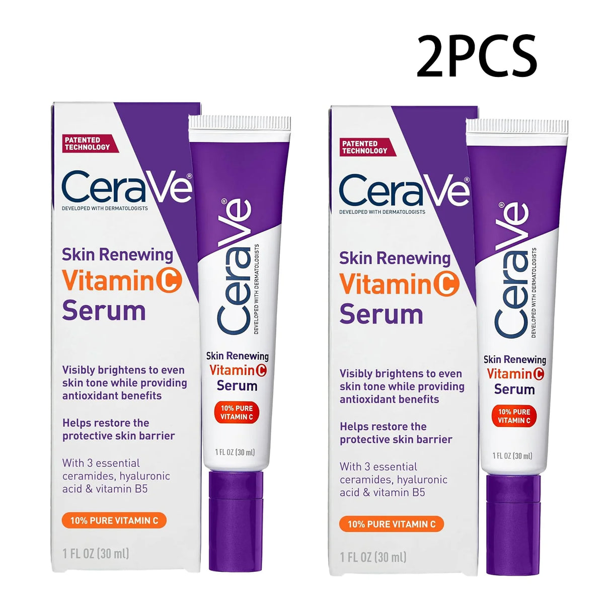 Two boxes and two tubes of CeraVe Skin Renewing Vitamin C Serum shown on a white background, with a black '2PCS' text overlay at the top right.