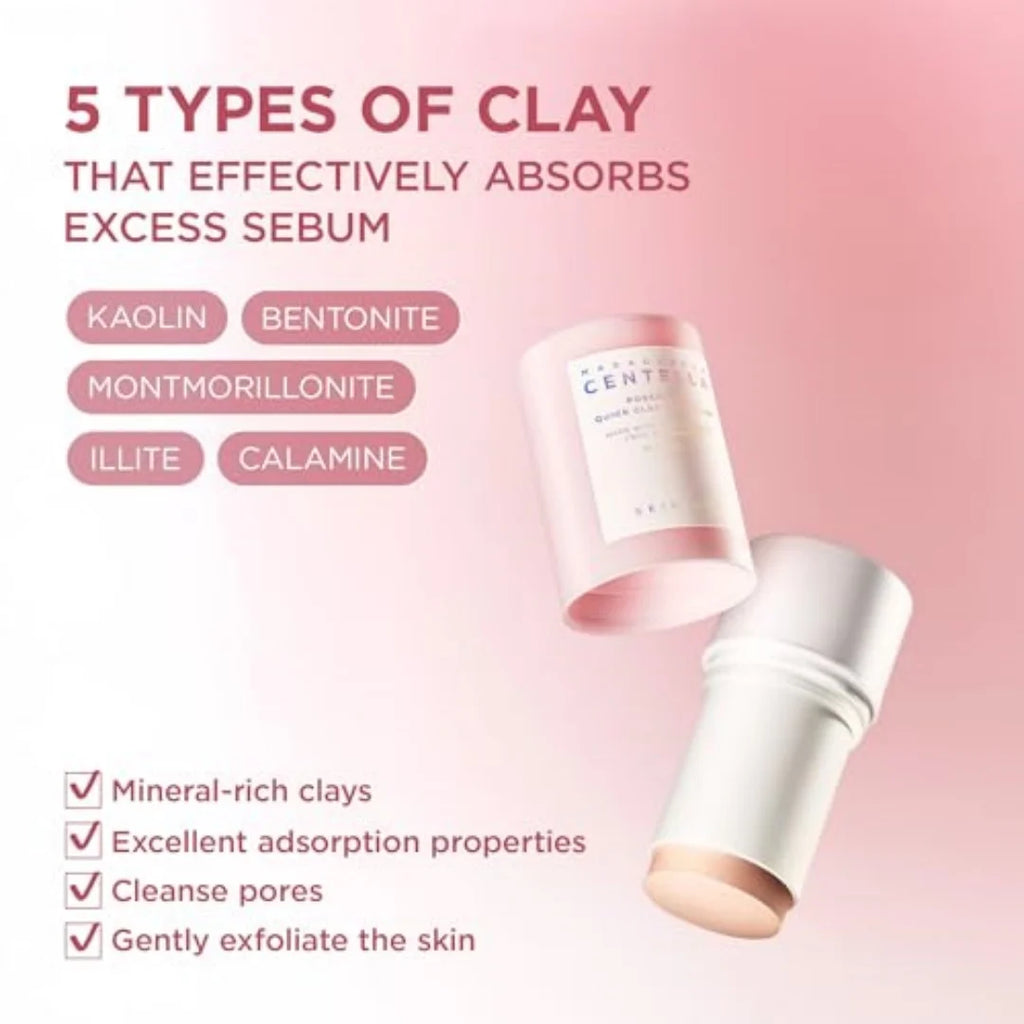 Beauty promotional graphic for a clay makeup stick, showing two white and pale pink cylindrical sticks on a soft pink background with text listing five types of clay and bullet points about absorption and skin benefits.