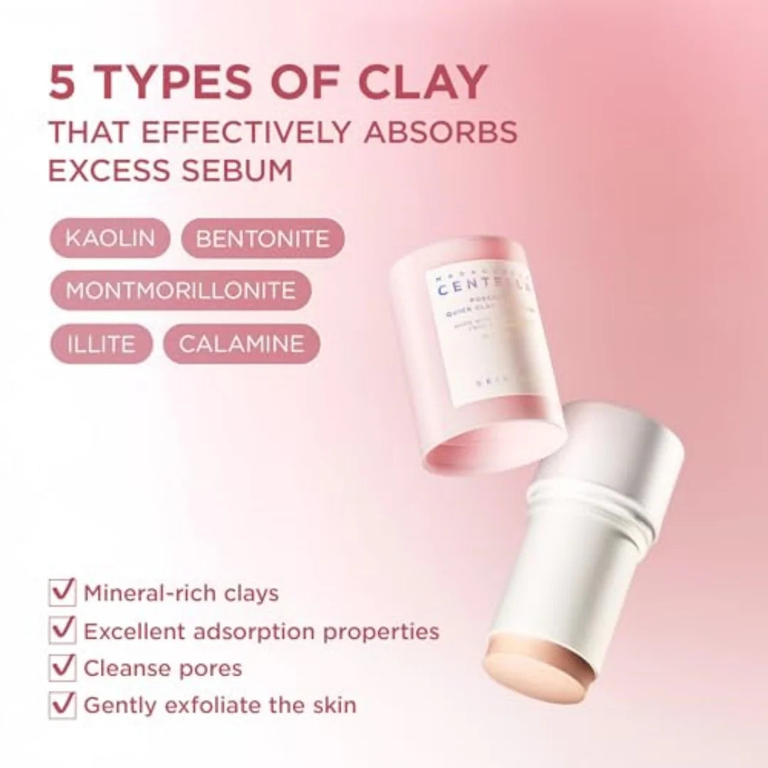 Beauty promotional graphic for a clay makeup stick, showing two white and pale pink cylindrical sticks on a soft pink background with text listing five types of clay and bullet points about absorption and skin benefits.