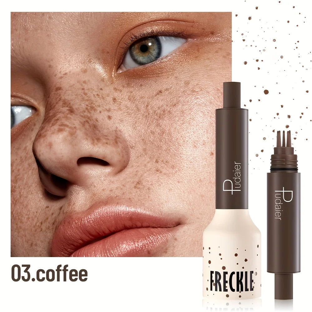 Close-up of a face with freckles and Pudaier cosmetic products.