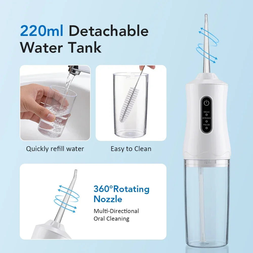 White dental water flosser with text highlighting features on a light blue background