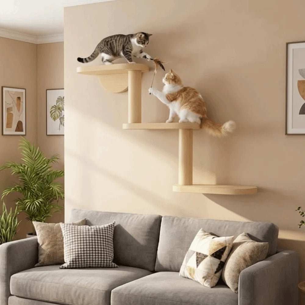Two cats playing on a wooden cat tree in a living room.