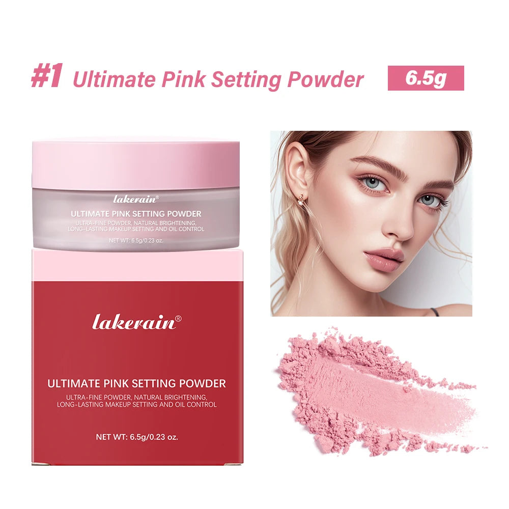 Lakerain Ultimate Pink Setting Powder packaging with product, face, and powder sample on a white background