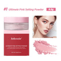Lakerain Ultimate Pink Setting Powder packaging with product, face, and powder sample on a white background