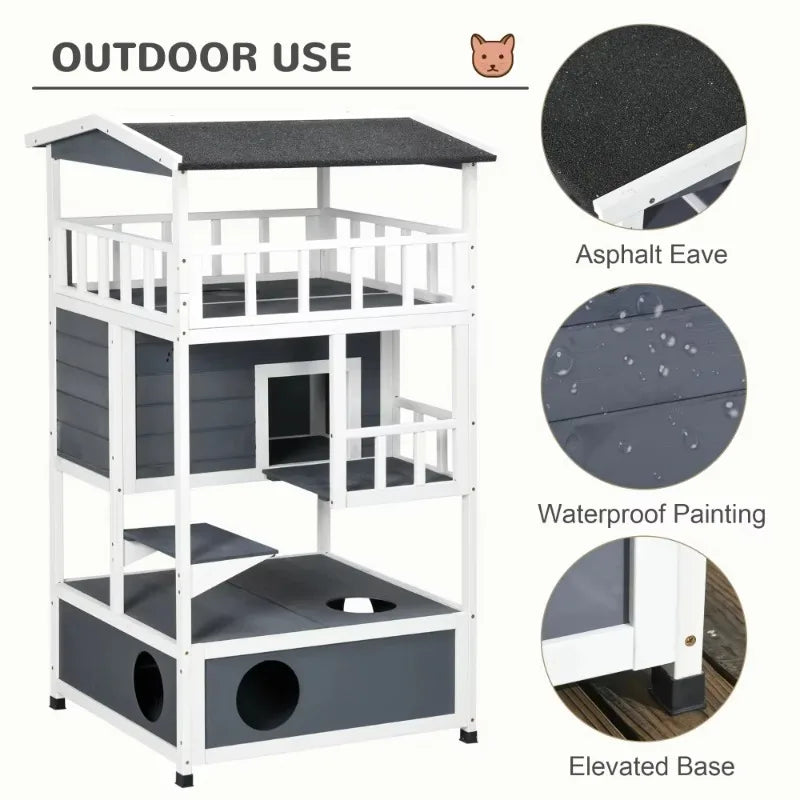 Cat playhouse with outdoor use features, including waterproof painting and elevated base.
