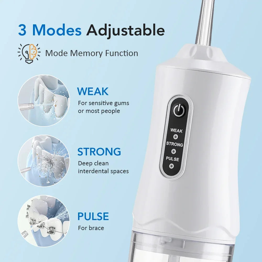 A white oral irrigator water flosser shown on a light blue background with marketing text reading '3 Modes Adjustable' and circular inset images labeled WEAK, STRONG, and PULSE.