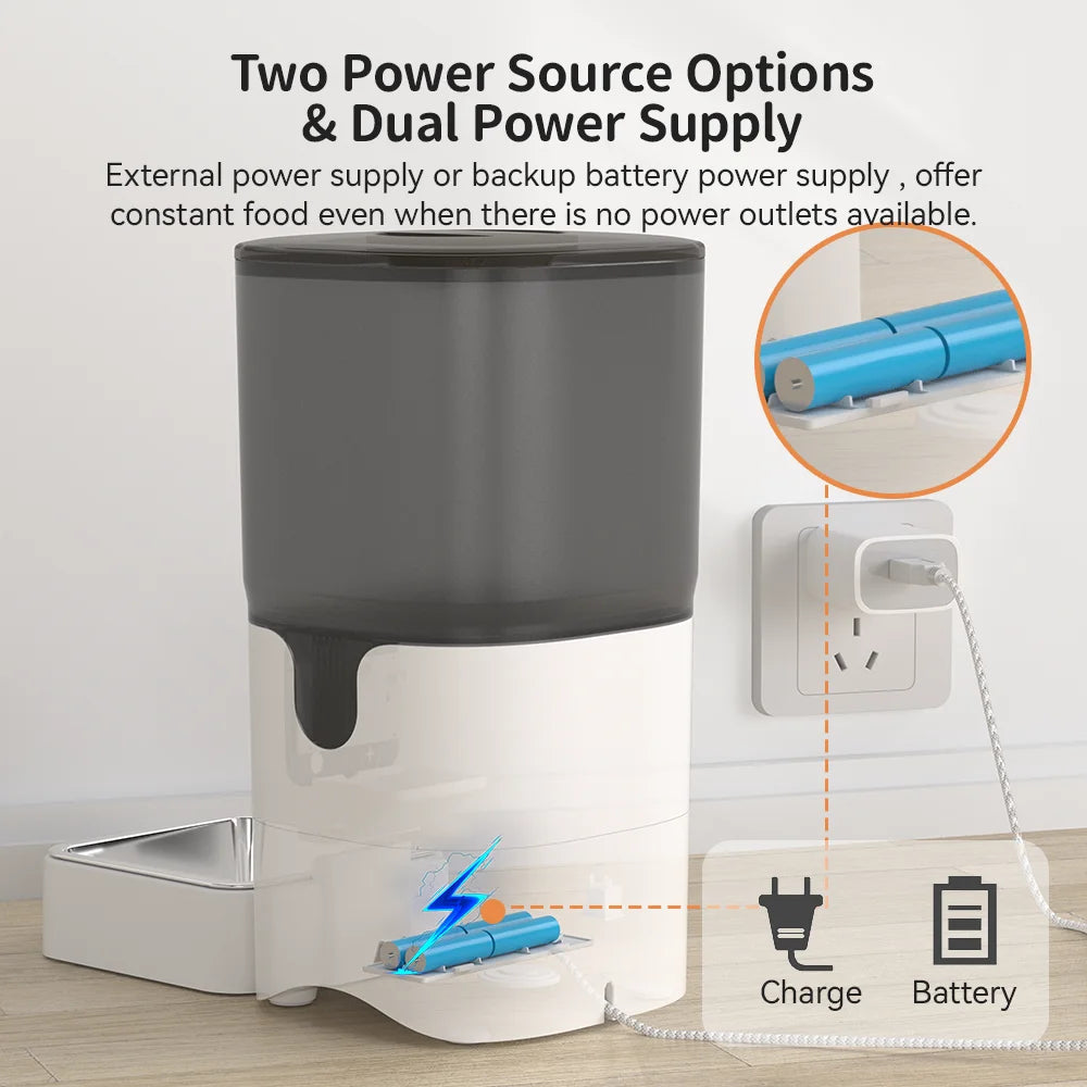 A pet feeder or dispenser shown on a light wood floor against a white wall, with text explaining dual power supply options. The product is white and dark gray, with a close-up inset showing blue cylindrical power components, and icons indicating charging and battery power.