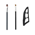 Two makeup brushes with black handles and white bristles, one with a black stand on a white background.