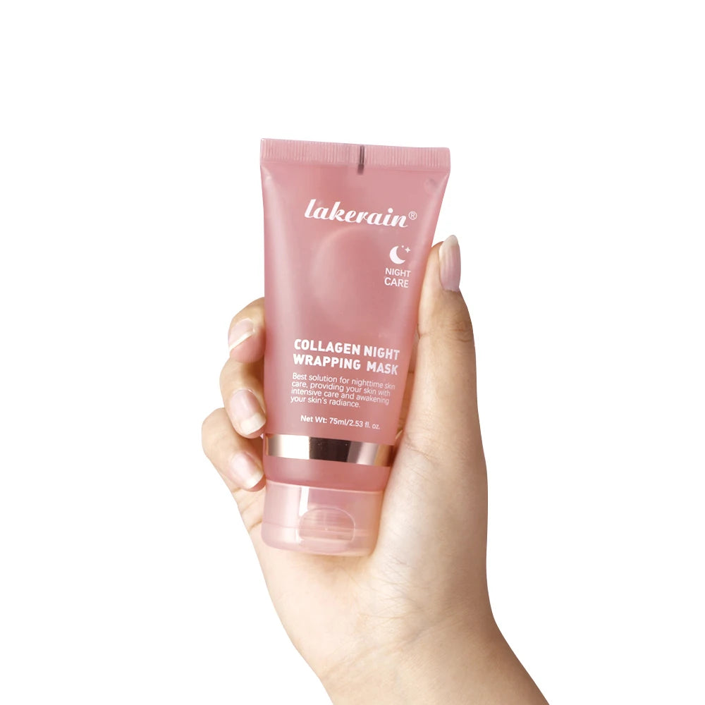 Hand holding a pink tube of Lakerain Collagen Night Wrapping Mask on a white background