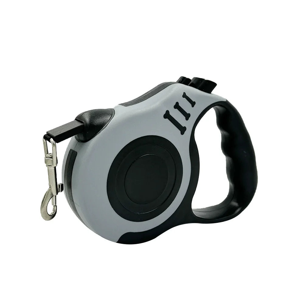 Retractable dog leash with gray and black design on a white background