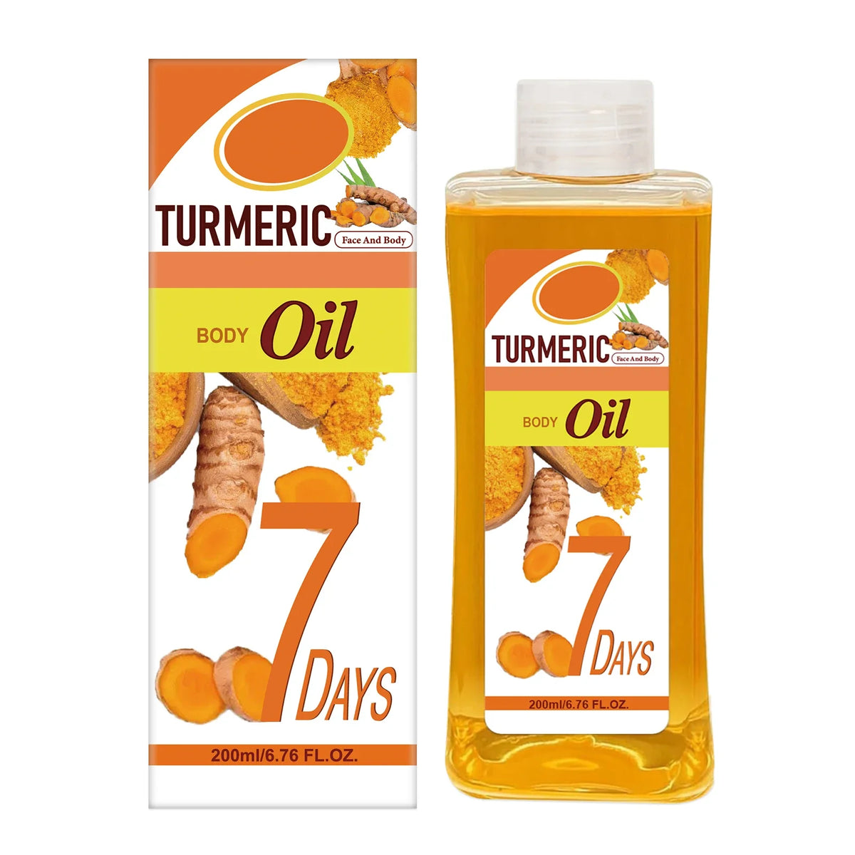 Turmeric body oil packaging with bottle and box on a white background