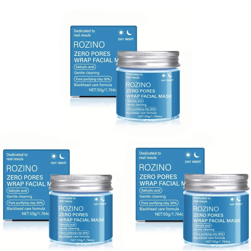 Three blue and white jars of ROZINO Zero Pores Wrap Facial Mask with matching boxes, arranged on a clean white background.