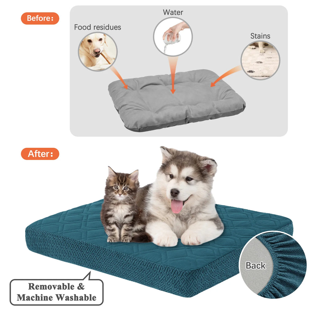 Before and after comparison of a pet bed with stains and residues, showing a clean pet bed with pets on it.