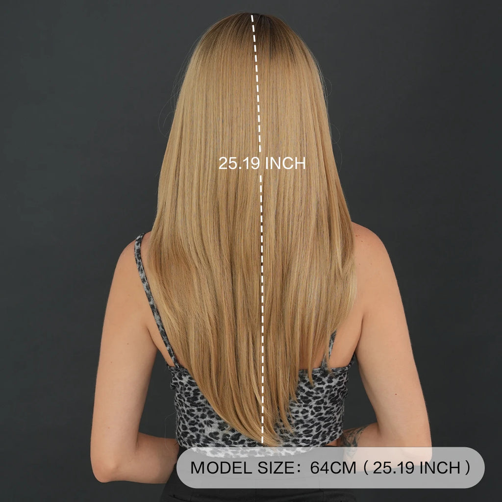 Back view of a woman with long, straight blonde hair, showing a white dashed measurement line and text indicating 25.19 inches length, against a dark gray background.